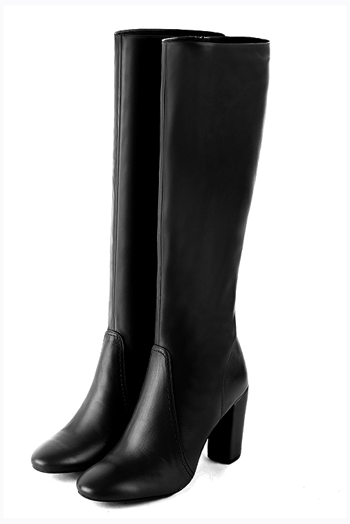Refined classic knee-high leather boots with sleek silhouettes and comfortable heel heights, custom-tailored for narrow to wide calves, in black leather with round toe and high block heel